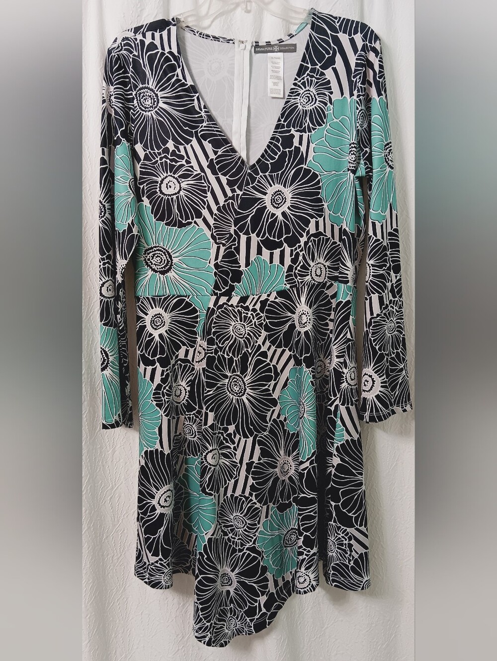 SIGNATURE COLLECTION White & Teal Floral V-Neck Long Sleeve Dress Size XL